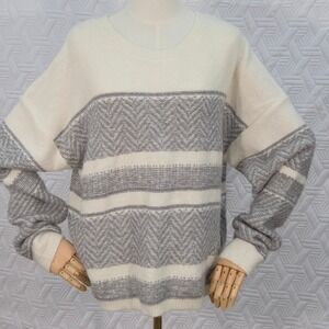 Wonderly Sweater Women Cream Grey Chevron Striped Knit Crewneck Relaxed XXL Cozy